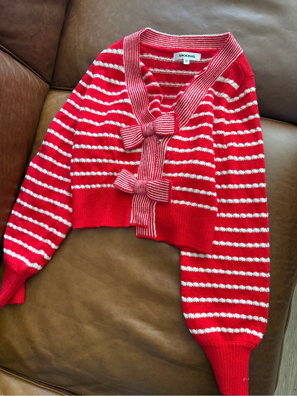 Vigoss Red & White Striped Bow-Front Cropped Cardigan